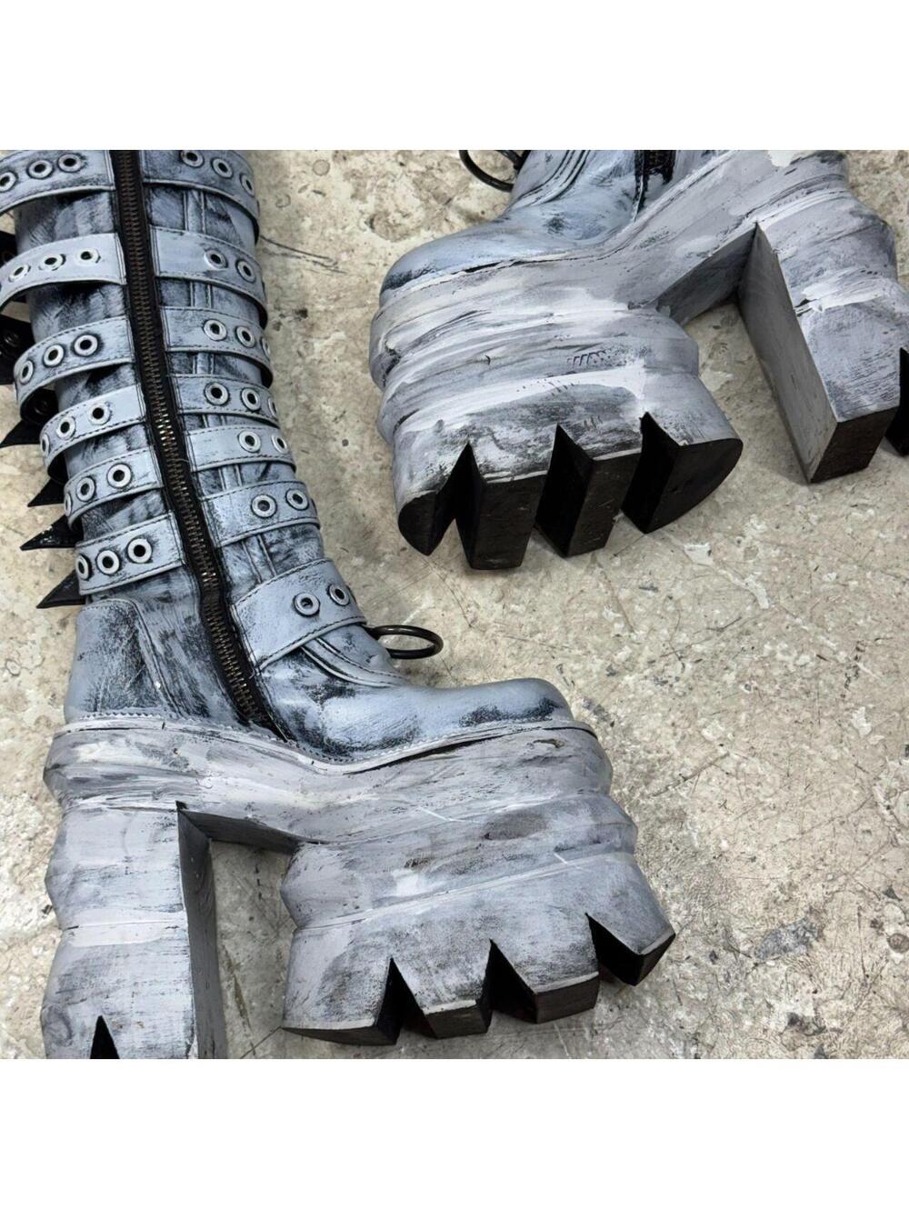 Painted Distressed Cyber-Goth Mega Platform Buckle Knee Boots - Picture 3 of 8